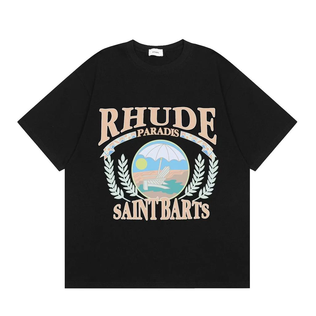 2025 Trendige Marke RHUDE Buchstaben-Mikro-Logo-Muster Kurzarm-T-Shirt Herren-Tee Damen Amerikanische High Street Halbarm-Oberteile