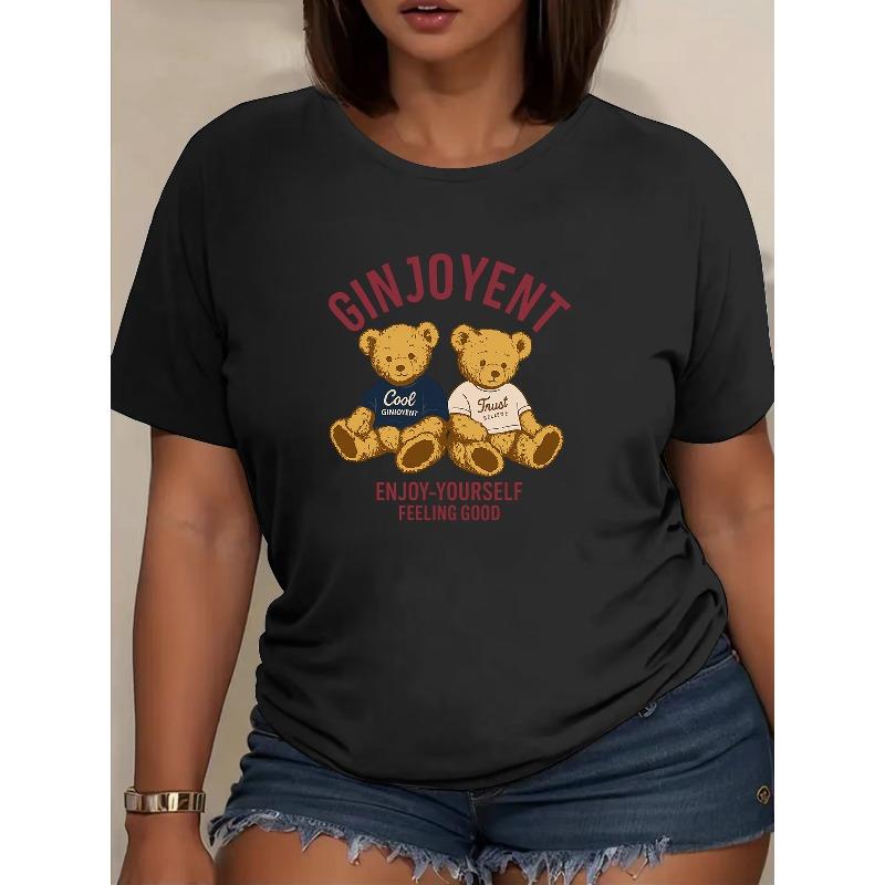 

European Size Happy and Carefree Enjoyment Printed Little Bear Short-sleeved Shirt, Made of Soft and Breathable Polyester Fiber 4XL чорний