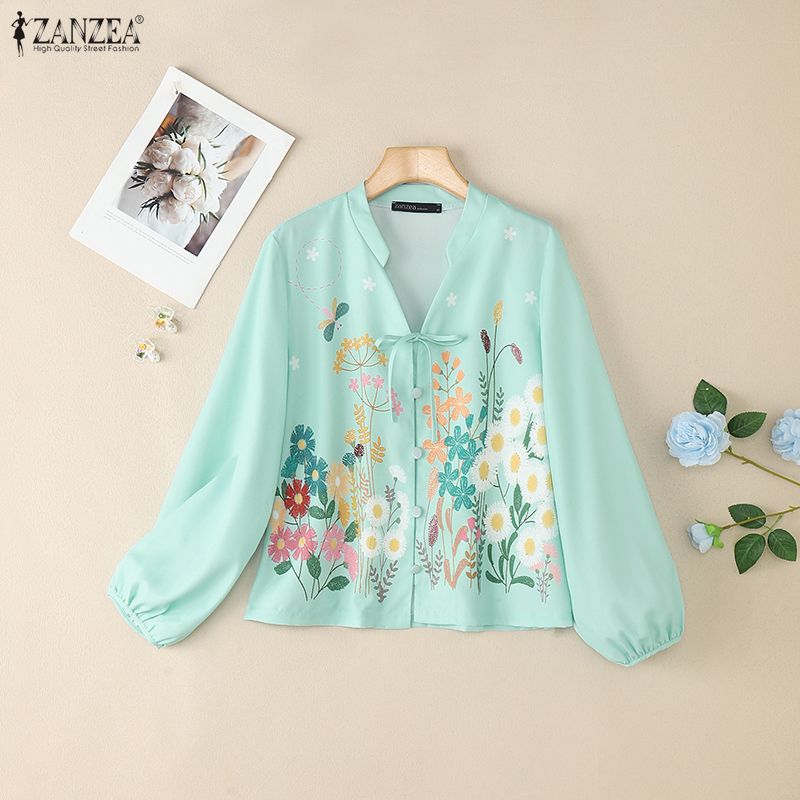 ZANZEA Women Casual V-Neck Floral Print Loose Long Sleeve Blouse