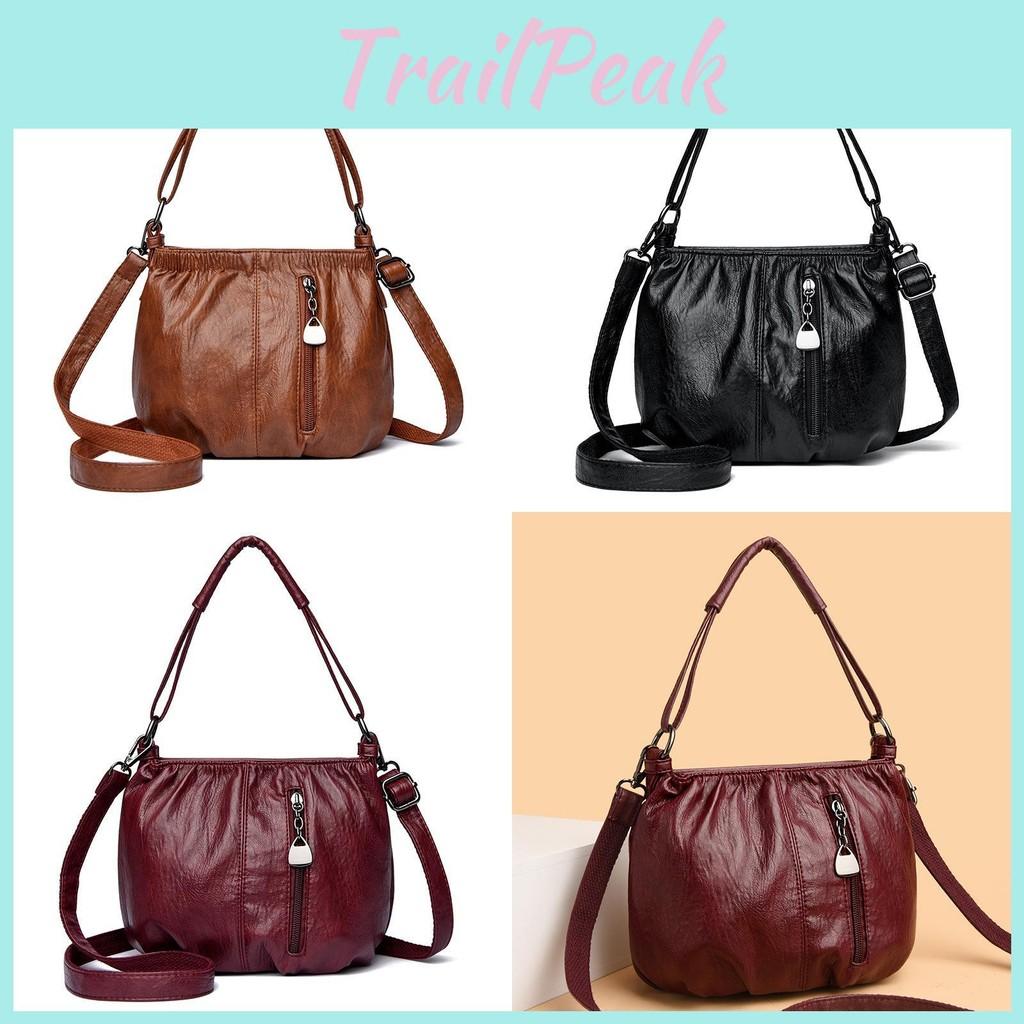 Solid Color Small Water Bucket Handbag Zipper Compartments Soft Pu Wear Casual