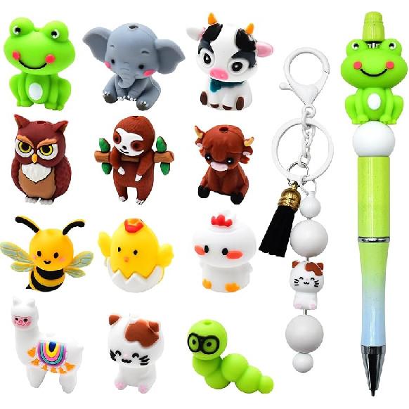 3D Animal Silicone Beads for Keychain Making, 12 PCS Silicone Focal Beads for Pen, Silicone Loose Beads for Bracelet Necklace Lanyard Jewelry and Animal