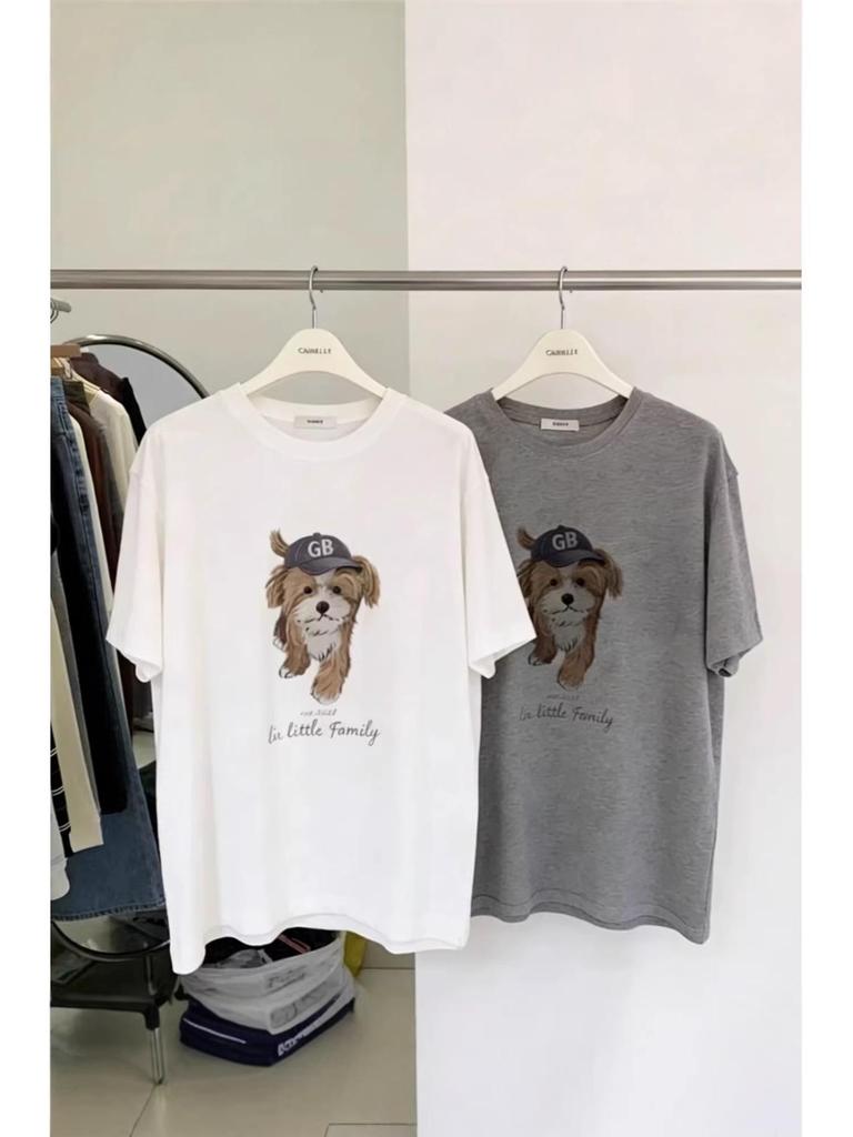 Plus Size Korean Puppy Print Cotton T-Shirt - Women's Summer Casual Loose Fit