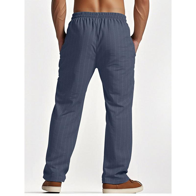 2026 Men's Linen Summer Pants Beach Pants Drawstring Vertical Stripes Straight Casual Breathable Comfortable Long Trousers