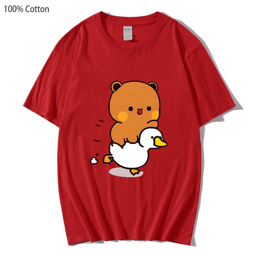 Cute Bubu and Duud Is Riding A White Duck Tshirt Panda and Brownie Bear Clothes Cotton T-Shirts for Men Women Couple