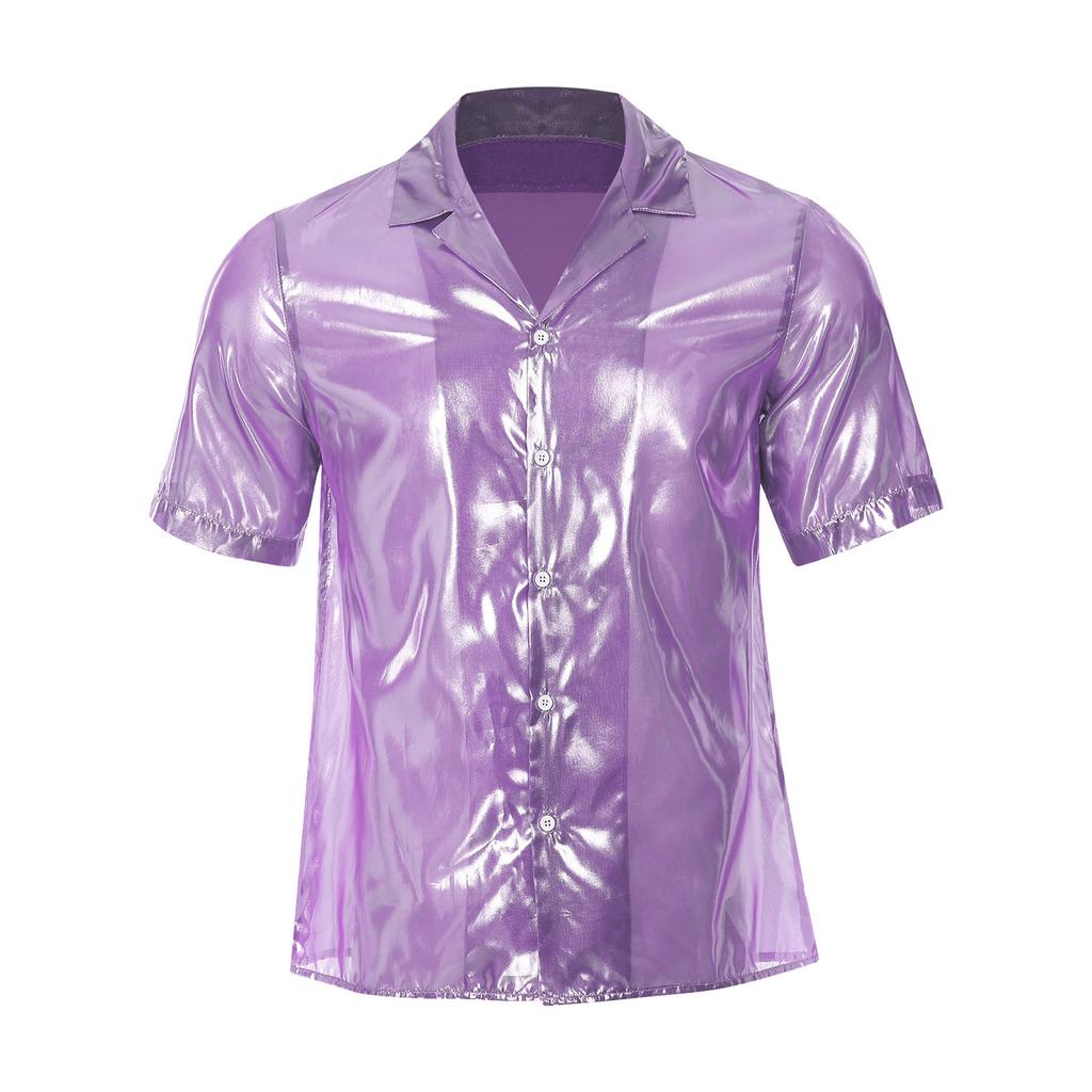 Mens See Through Shirt Turn Down Collar Short Sleeve Water Ripple Shine Beachwear Clubwear Top