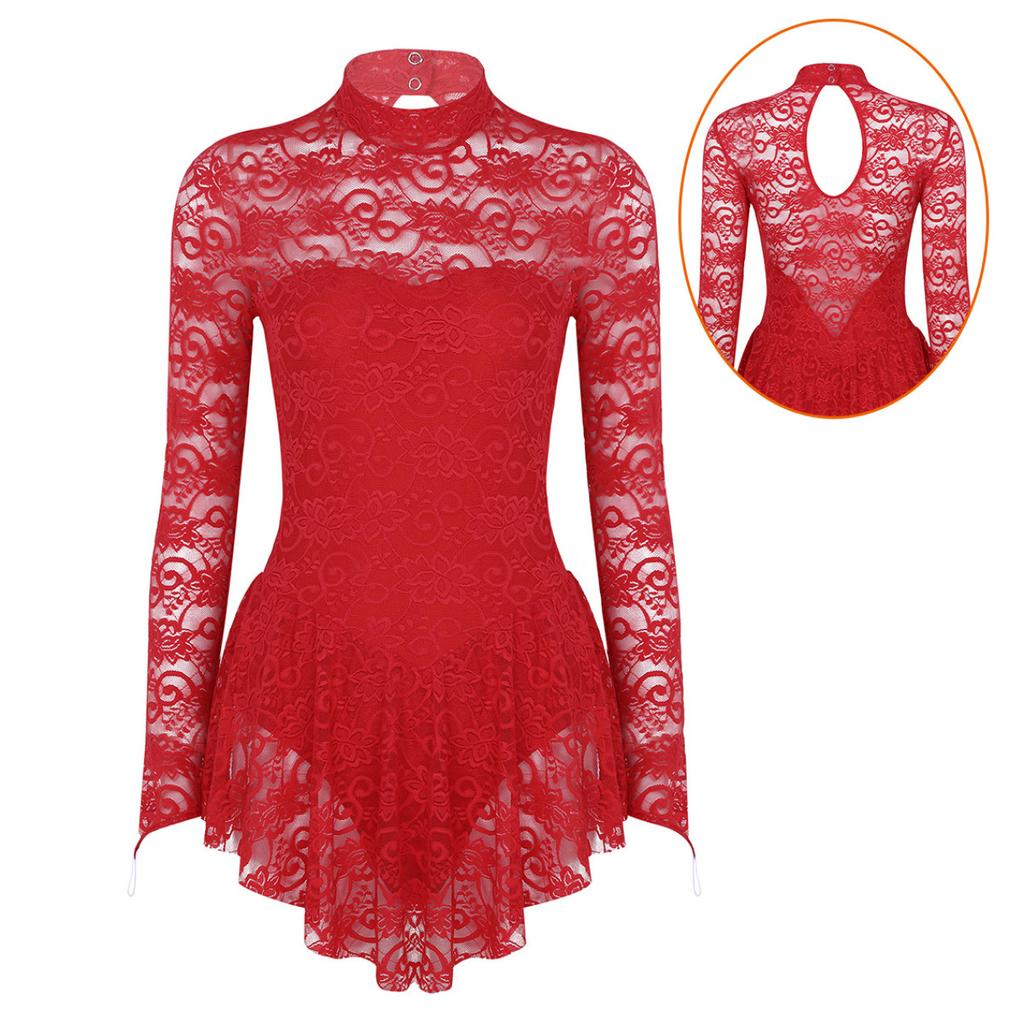 Women's Floral Lace Ballet Dance Leotard Fingerpoint Sleeves Figure Ice Skating Dress Costume