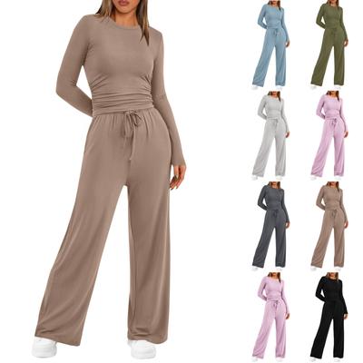 Women's Fall Two Piece  Outfits Long Sleeve Tops Tee Shirts Wide Leg Pants Sets