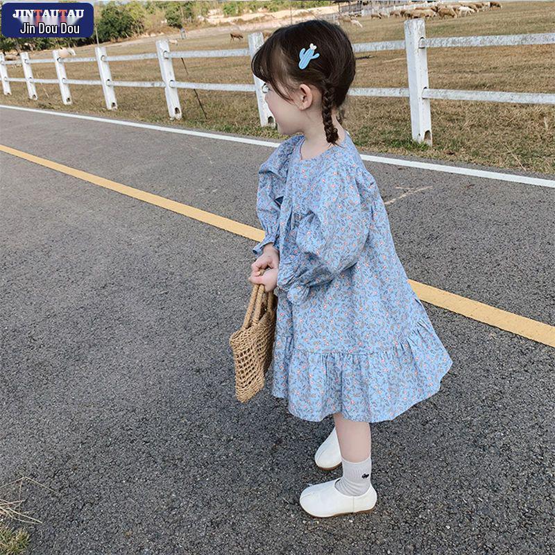 Girls' Floral Long-Sleeve Mid-Length Spring 2025 Princess Dress - Korean Pastoral Style