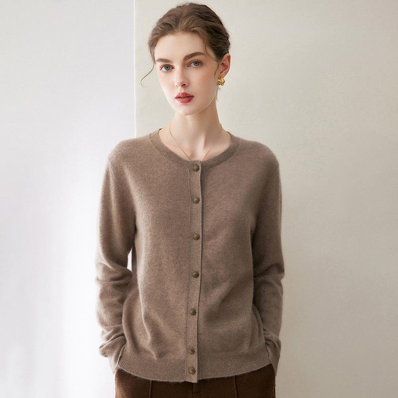 Women's 100% Pure Cashmere Round Neck Button-Up Long Sleeve Cardigan Coat - Autumn Collection