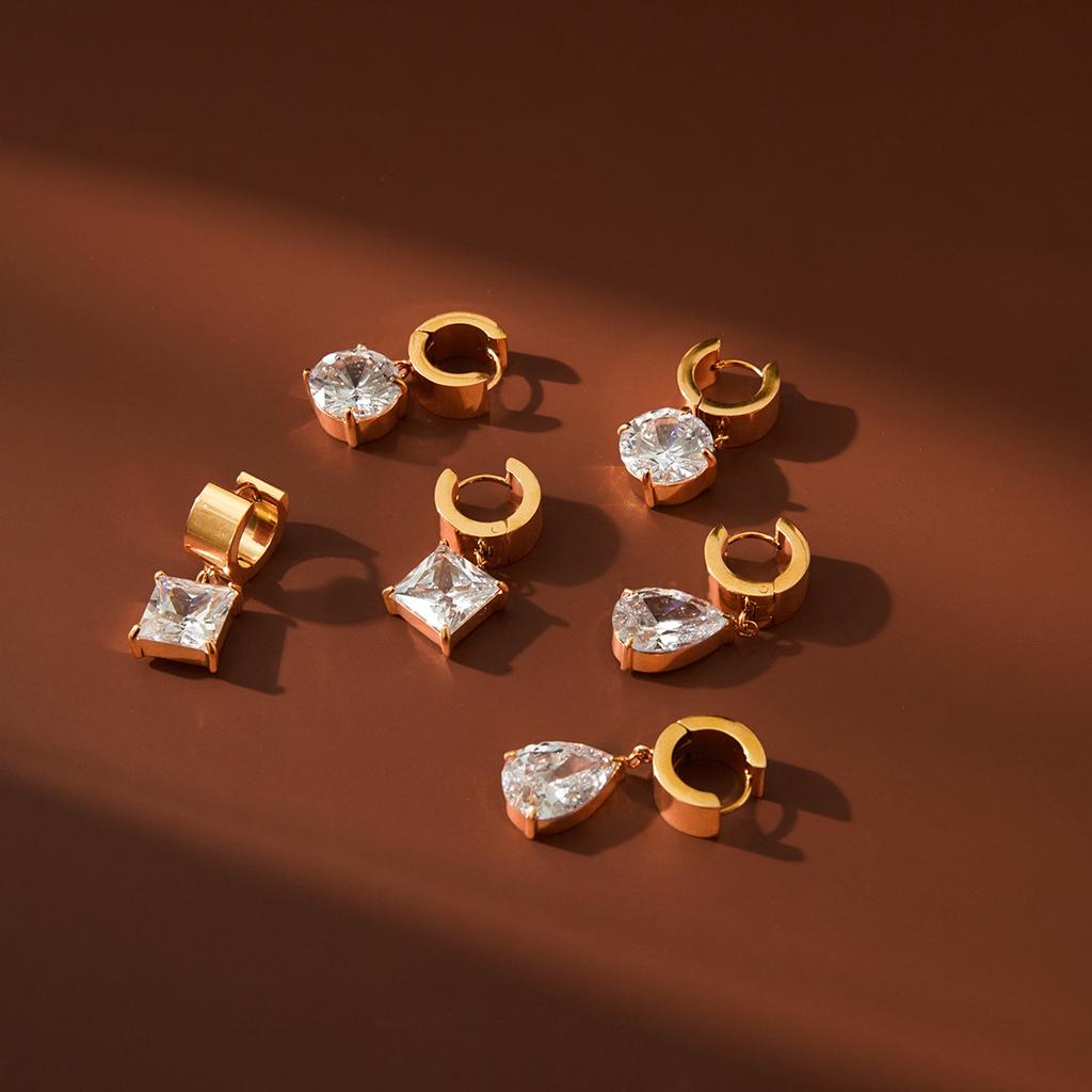 Youthway Water Drop Round Square Zircon Earrings For Women 18K Gold Plated Stainless Steel Earrings Fashion Jewelry Gift