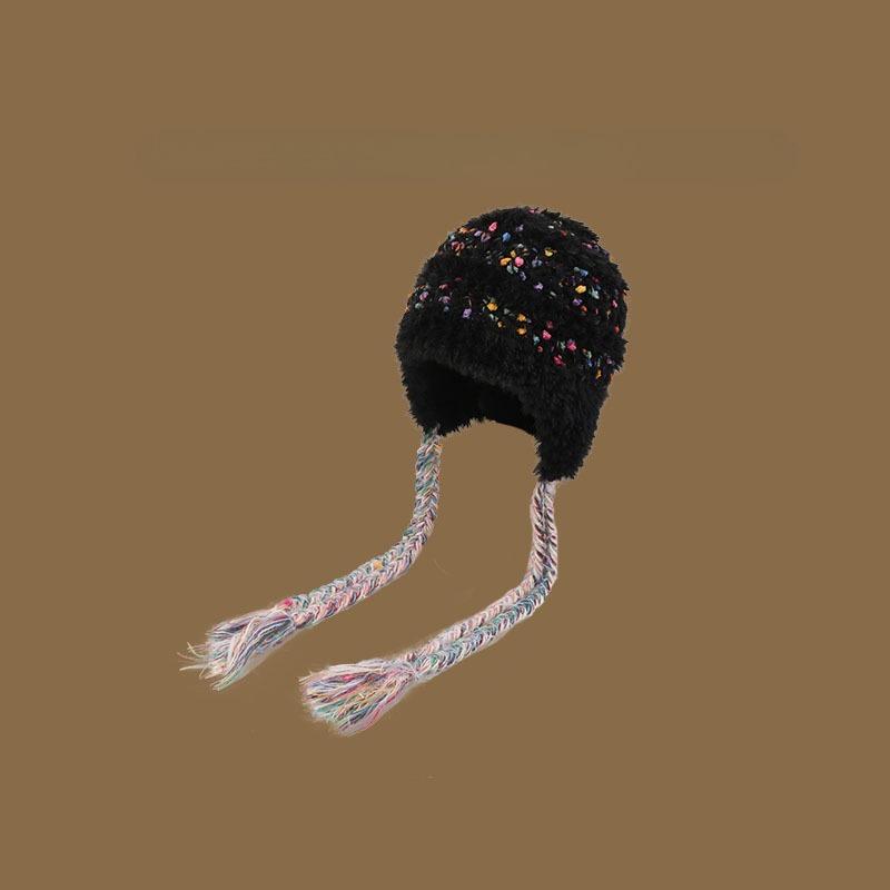 Korean Style Women's Cute Knit Hat Colorful Snowflake Fleece Hand Woven Tie Strap Autumn Winter Warm