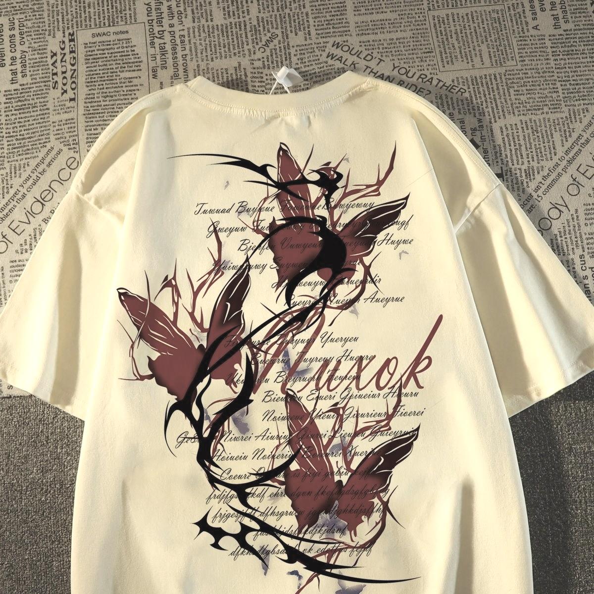 

2025American High-quality High-street Retro Pure Cotton Butterfly Printing T-shirt Skin-friendly Trend Large-size Couple T-shirt S