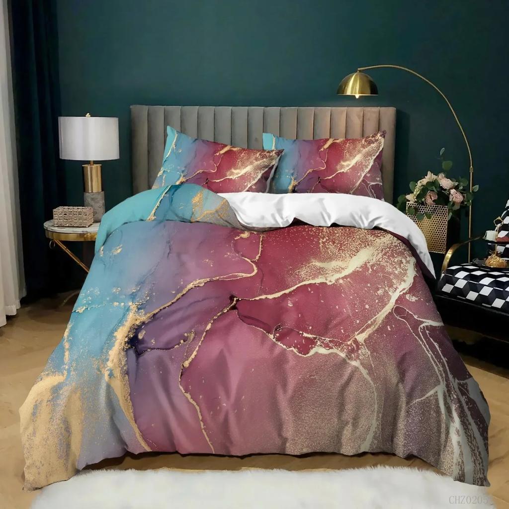 Golden Marble Pink Comfortable Duvet Quilt Cover Pillowcase Bedding Set Children Bedroom Decoration Home Textile