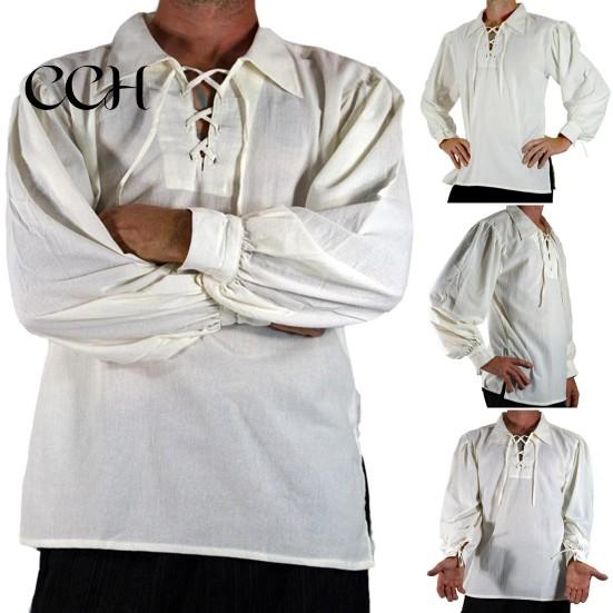Loose Fit Pullover Shirt Adult Men Medieval Renaissance Cosplay Lapel Long Sleeve Lace-up Tops Solid Color
