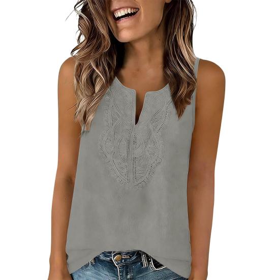 Women Vest V Neck Lace Front Sleeveless Tunic Tops Pure Color Loose Fit Breathable Summer Tops Casual Work Travel