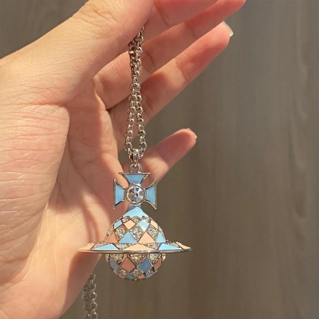 Empress Cixi Blue Pink Saturn Sphere Pendant Diamond Sweater Chain Necklace