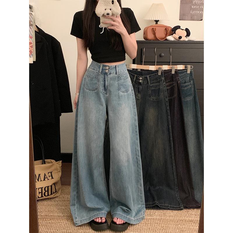 American retro design wide-leg jeans women's summer high-waisted large-size loose and thin floor-mopping straight-leg pants