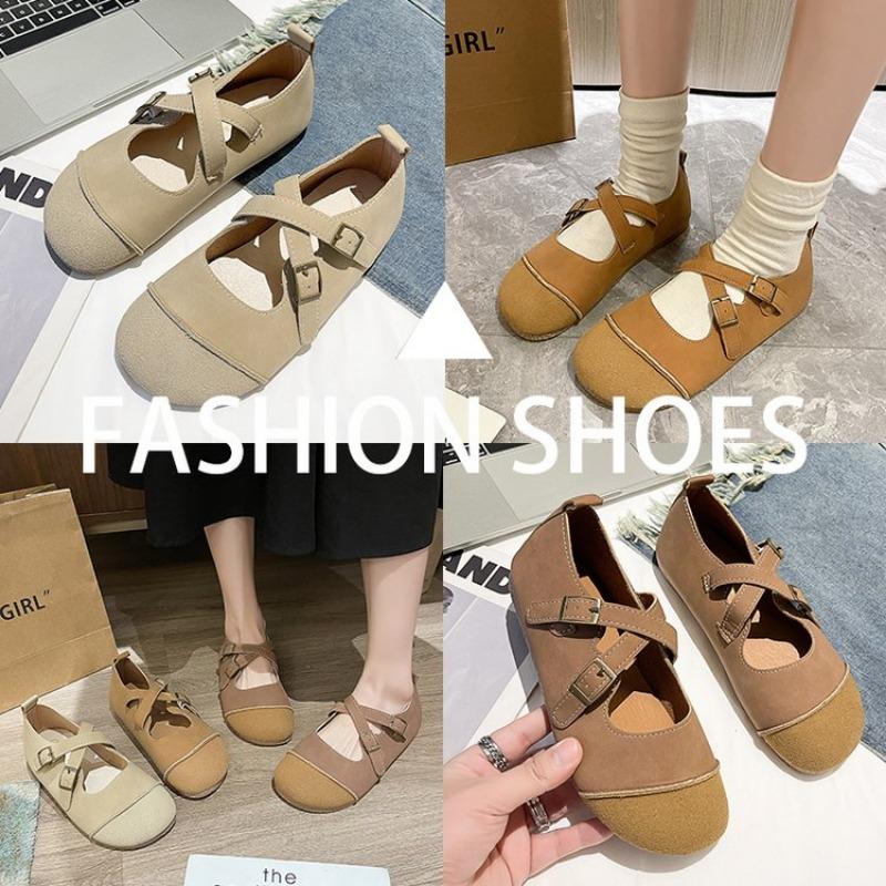 Autumn Women's Shoes Genuine Leather Casual Shoes Flat Soft Sole  Cross Buckle Comfortable Shoes
