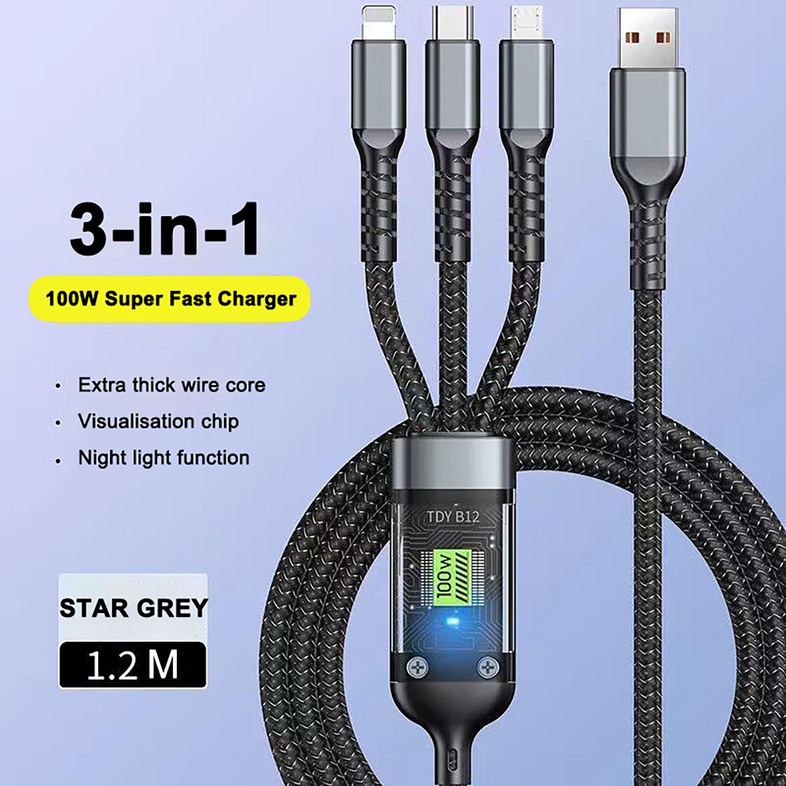

100W Super Fast Charging USB C Type 3 In 1 Data Cable With Light For IPhone Samsung Xiaomi Huawei Fast Charging Cords 1.2M