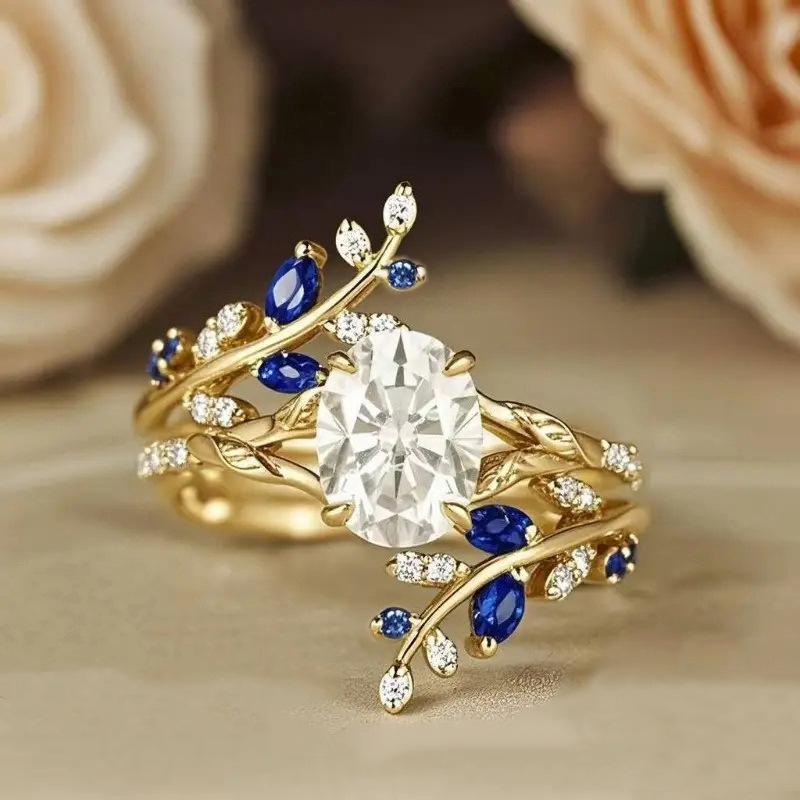 Copper micro-inlaid zircon ring, creative design leaf ring, Europe, America, hot-selling wedding jewelry wholesale