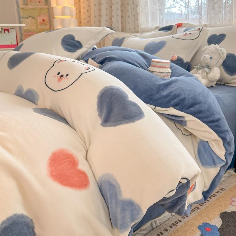 2024 New Class A Small Fresh Printed Milk Fleece Single Bedding Set Thick Warm Cartoon Quilt Cover Fall and Winter Duvet Cover
