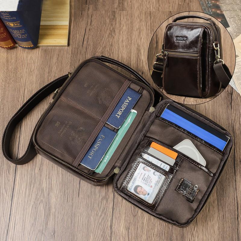 Black Angel Head Leather Passport Boarding Pass Storage Men's Shoulder Bag Multi Functional Genuine Crossbody