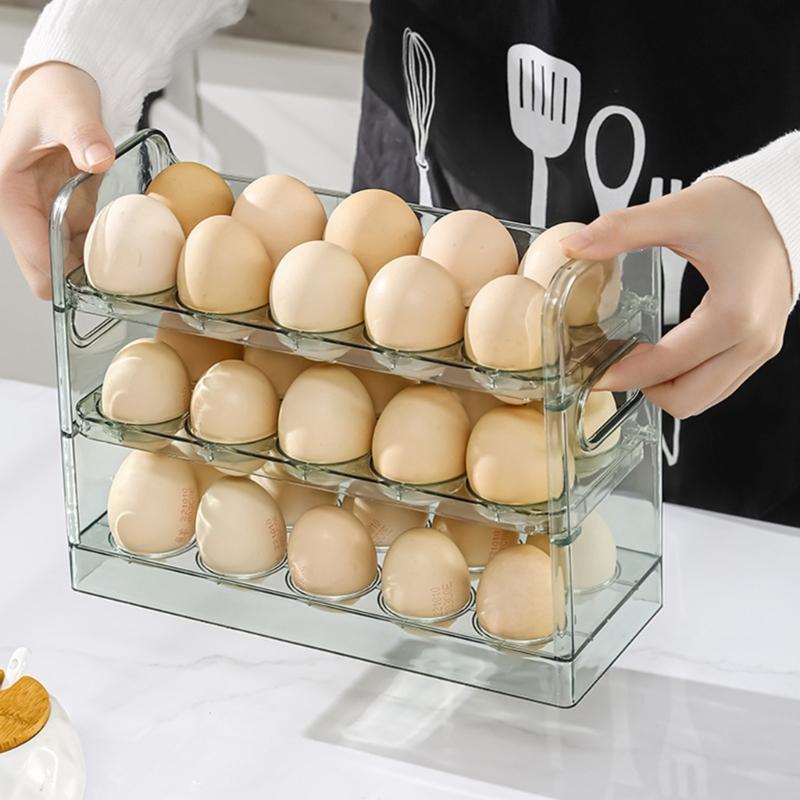 3 Tiers Eggs Holder With One Hand Operations Designs For Fridge Door Storage Clear Plastic Container Holds 30 Eggs