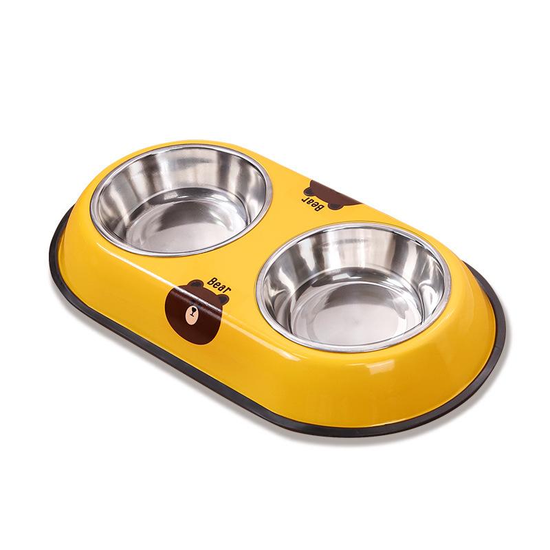 Stainless steel dog bowl pet bowl double bowl dog basin anti-knock dog bowl drinking water feeder cat bowl жёлтый