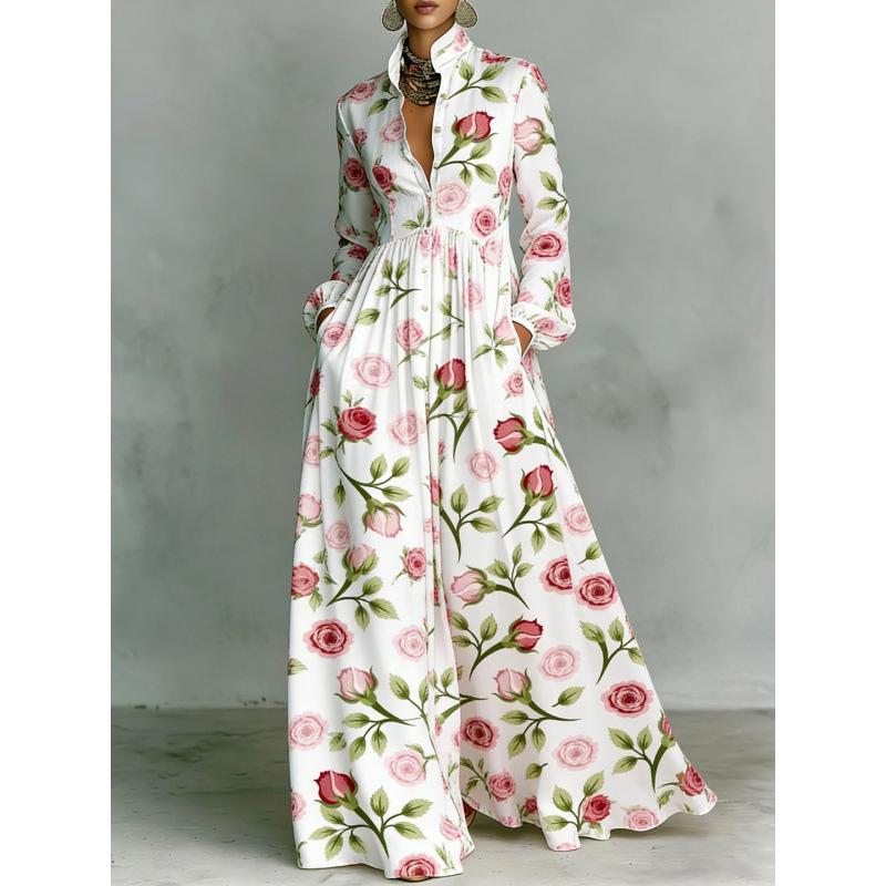 Women's Tiered Boho Maxi Dress Long Sleeve Button Front Lace Trim Loose Vacation Long Dress