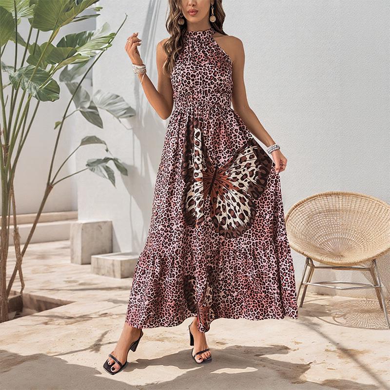 2025 European/American Halter Neck Sleeveless Leopard Butterfly Patchwork Beach Dress