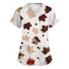 Women's V-Neck Short Sleeve Scrub Top with Pockets, Fall Leaves Print, Work Uniform