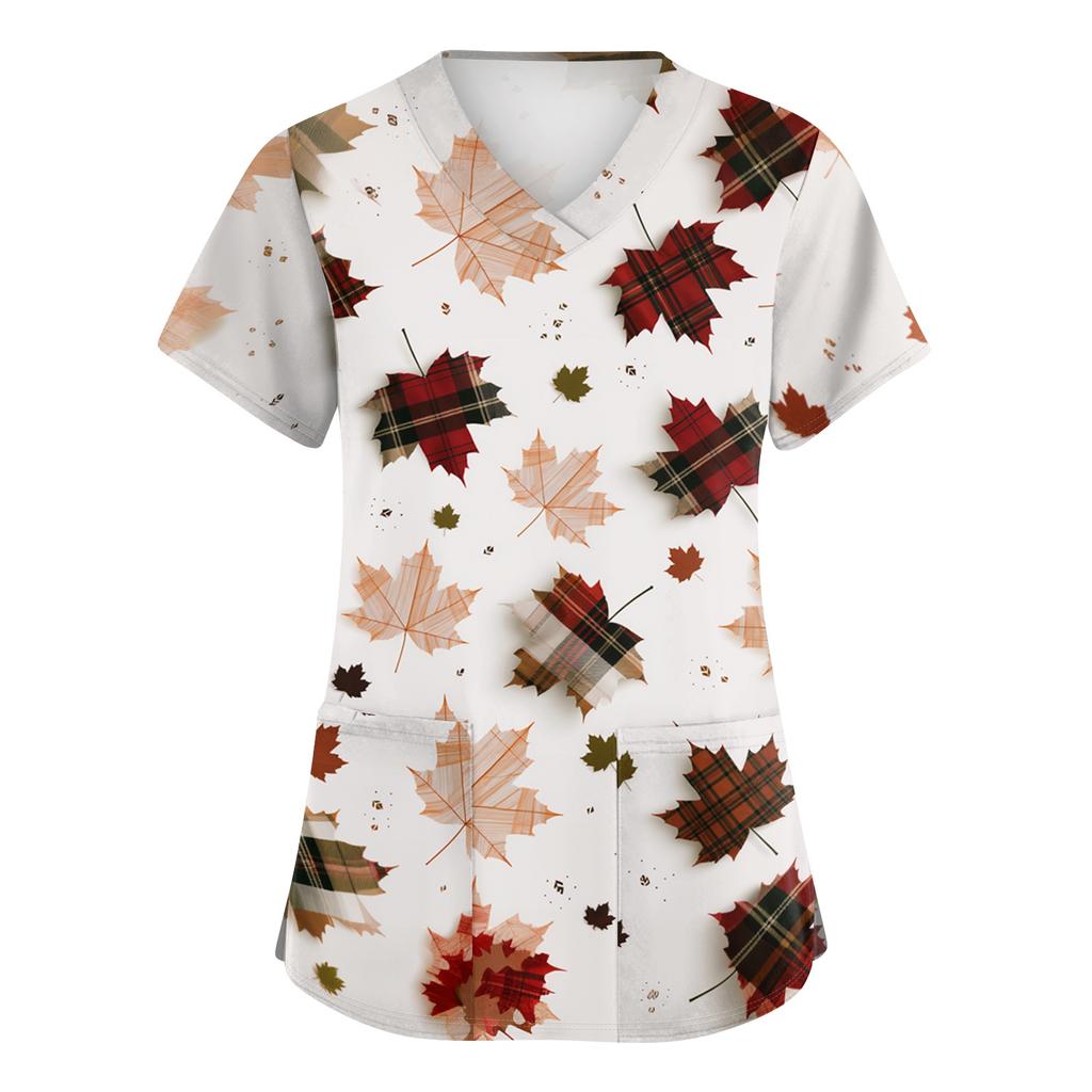 Women's V-Neck Short Sleeve Scrub Top with Pockets, Fall Leaves Print, Work Uniform