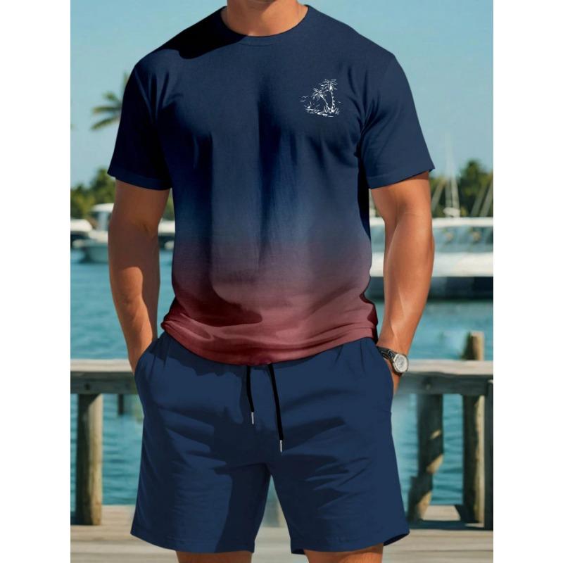Palm Tree Printed Men Spring and Summer Two Pieces Set Casual Round Neck Short Sleeve T-shirt Shorts Sport Suit Print Clothing