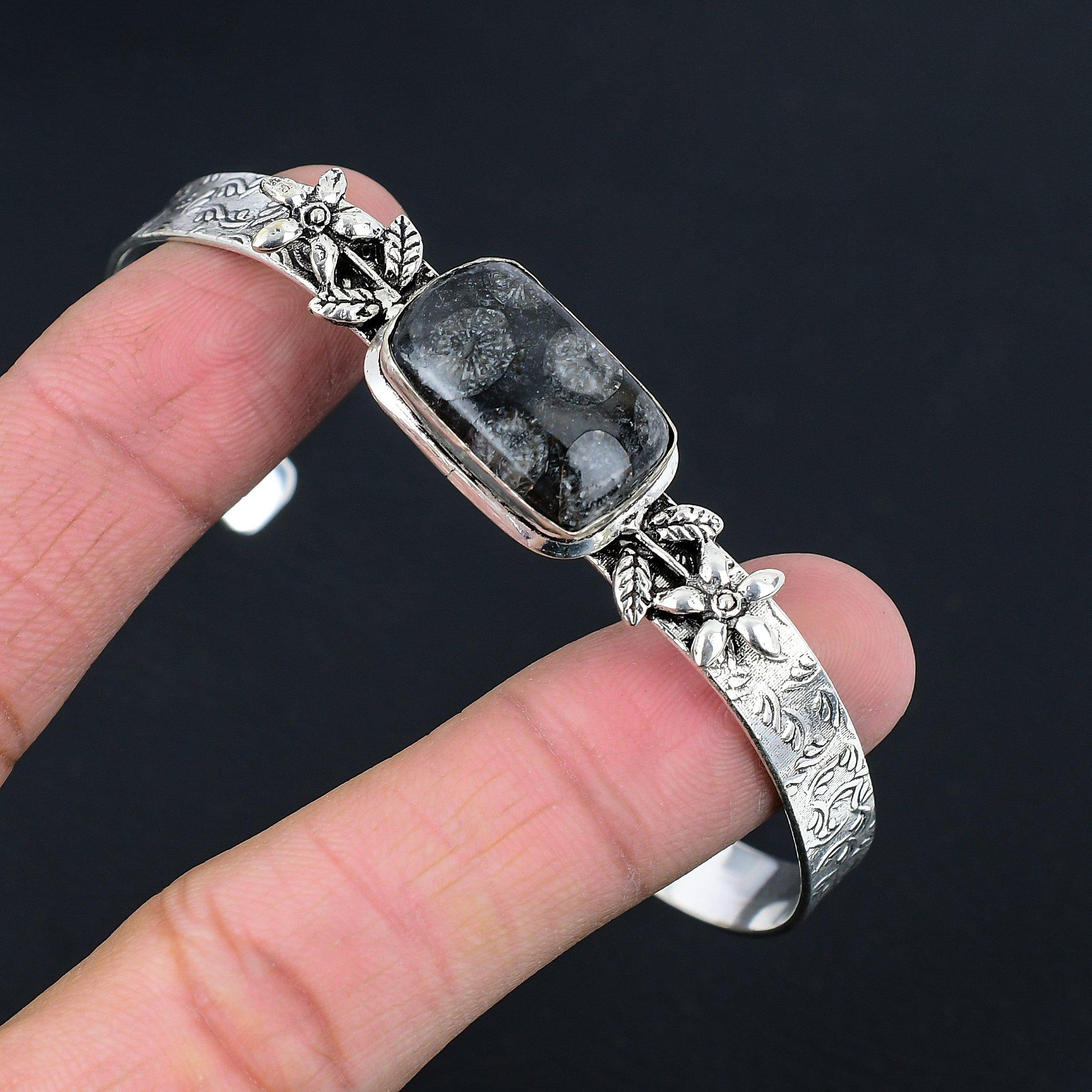 

Natural Black Fossil Coral 925 Silver Bangle Flower Adjustable For Women Adjustable