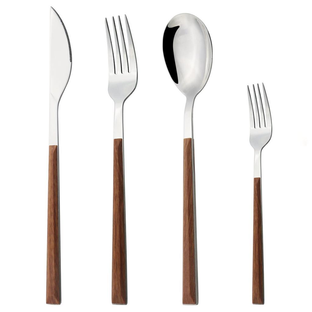 4Pcs Gold Cutlery Set Stainless Steel Dinnerware Wooden Handle Tableware Glossy Knife Fork Spoon Western Kitchen Silverware Set