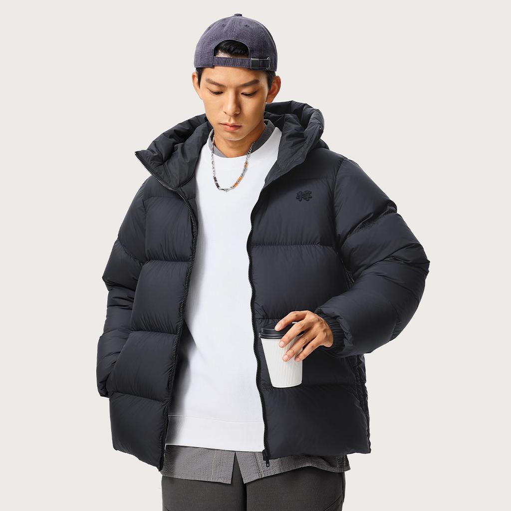 Li Ning Sports Lifestyle Series Solid Color Casual Short Hooded Down Jacket Men Outerwear Black AYMU115-12