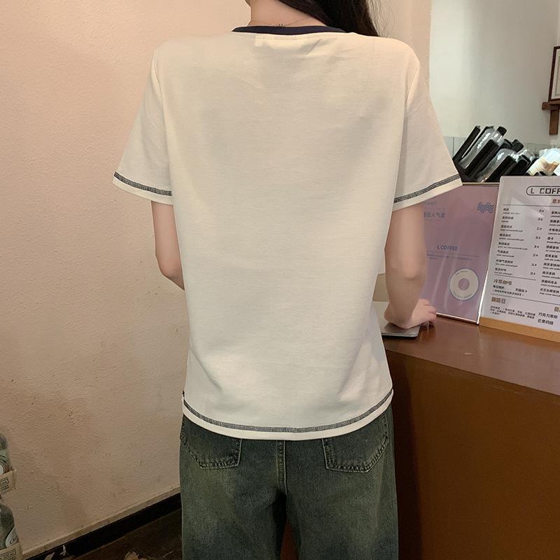 Front shoulder short-sleeved t-shirt women's new summer loose letter embroidery design sense niche contrasting color round neck top