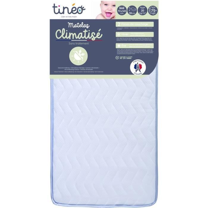 Matelas bébé climatisé - 70 x 140 cm - Epaisseur 11 cm - Avec Drap housse et Alese - TINEO