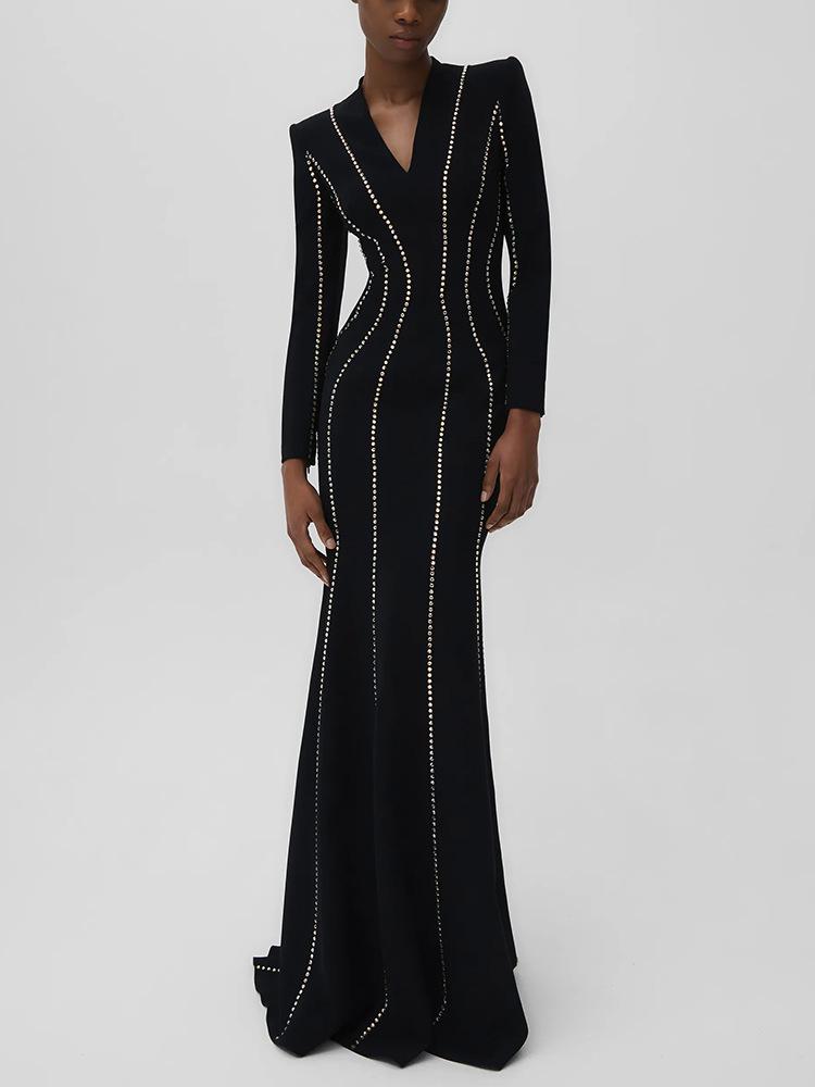 Elegant Rhinestone Long Sleeve Evening Gown
