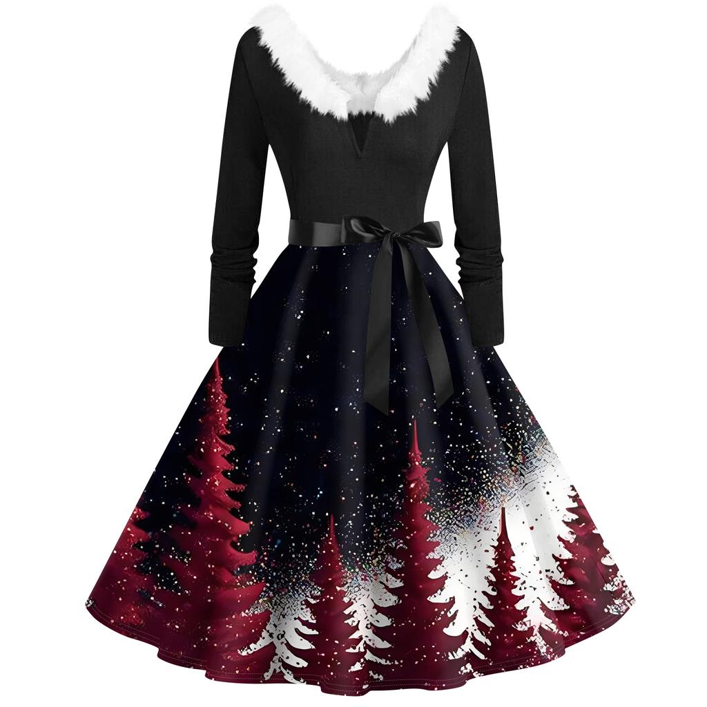 Women's Fashion V-Neck Casual Slim Christmas Printed Long Sleeve Hair Collar Dresses