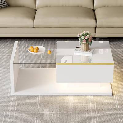 Coffee Table, Side Table with Glass and LED Effect, Practical Storage Space, Modern Living Room Furniture