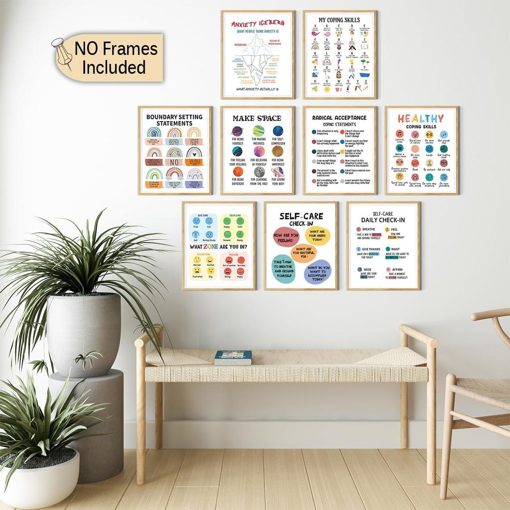 Calming Corner Classroom Posters 8x10 In, Feelings Wheel Chart & Emotions Poster For Kids, Mental Health Wall Decorations For Preschool Teachers,