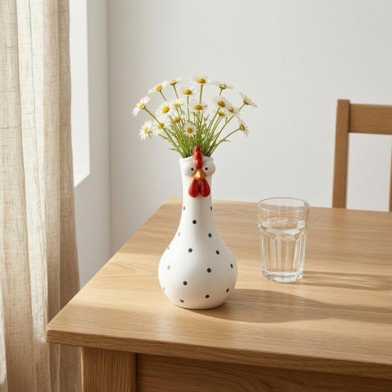 Weather Resistant Garden Art Resin Big Eyed Chicken Vase for Flowers, Cute Animal Planter, Small Flower Decorative Figurine Home Pot, Statue