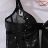Sexy Sheer Mesh Spliced Pu Leather Slim Rivet Shaping Bodysuit For Women