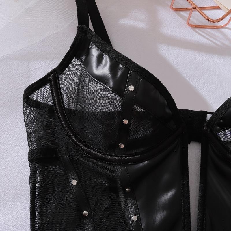 Sexy Sheer Mesh Spliced Pu Leather Slim Rivet Shaping Bodysuit For Women