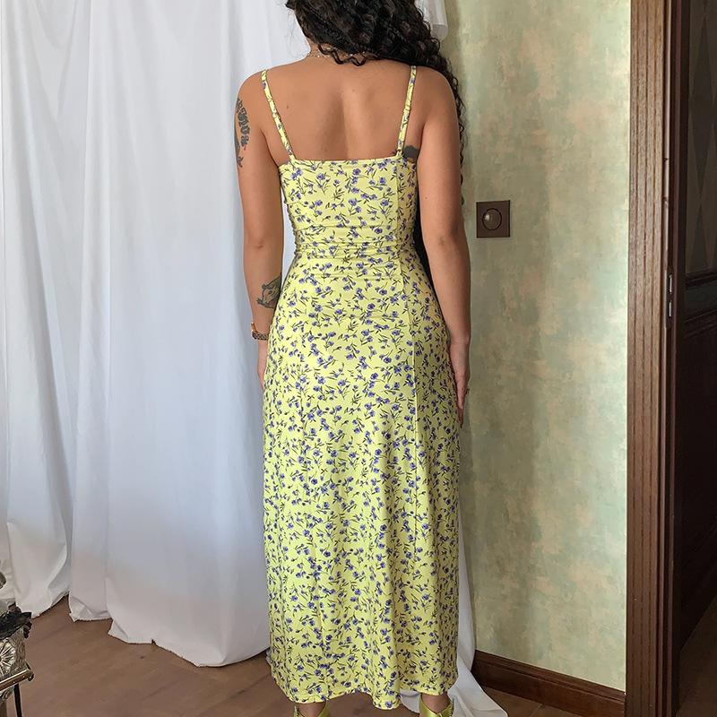 Spring Women's Clothing New Fashion Small Floral Print Slit Suspender Dress for Women