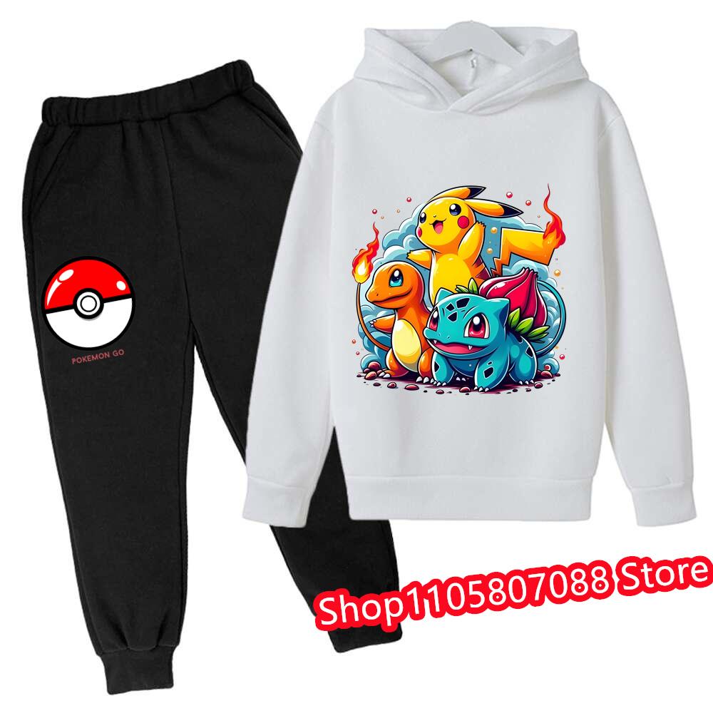 2026 Jaro Podzim 3-14 let Děti Pikachu Kreslená Mikina Set Oblečení pro Kluky Outfit pro Holky