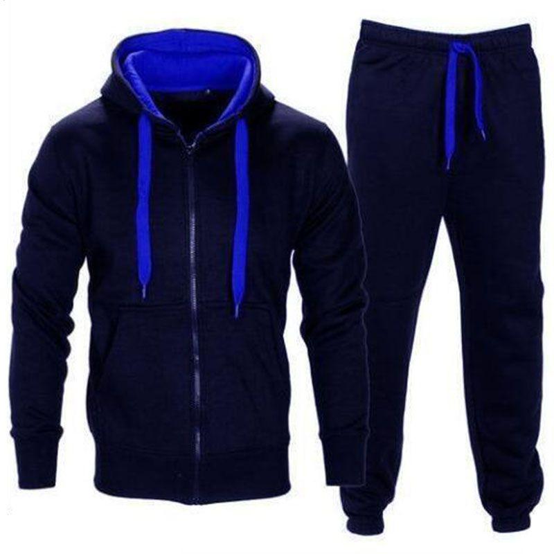 Set Mens Tracksuit Fleece Zip Hoodie Topsbottoms Joggers Gym Jogging Contrast