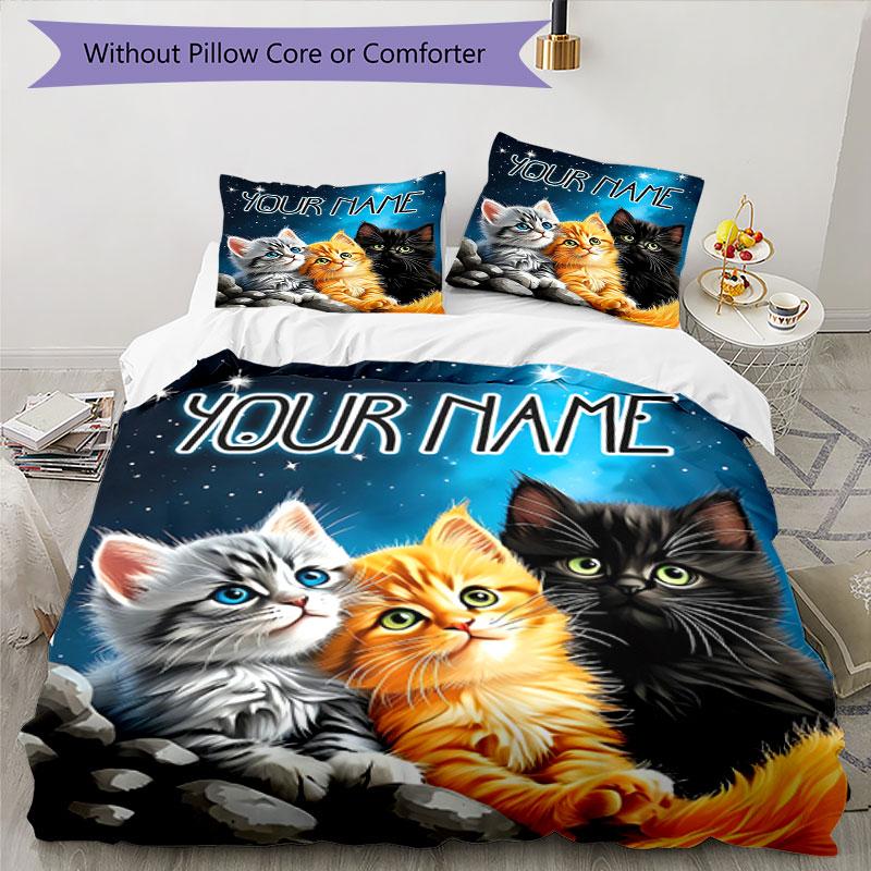 3PC Custom Name Space Kittens Adventure Bedding Set Duvet Cover Closure Includes 1 Duvet Cover & 2 Pillowcases for Bedroom