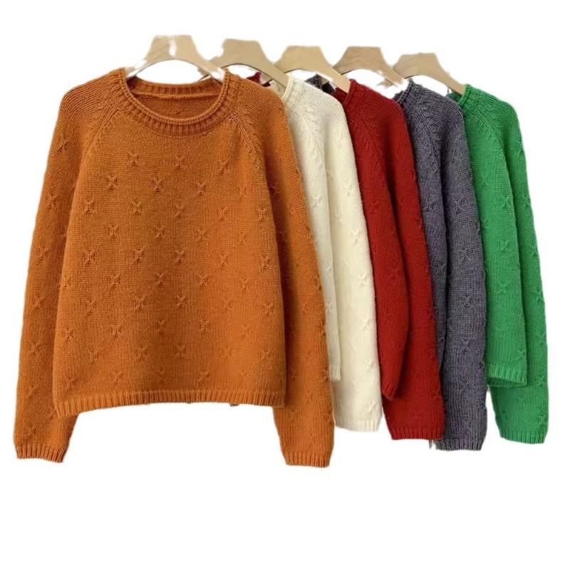 Shoulder sleeves simple small crochet pullover sweater women's crew neck curled edge autumn and winter new loose solid color knitted sweater